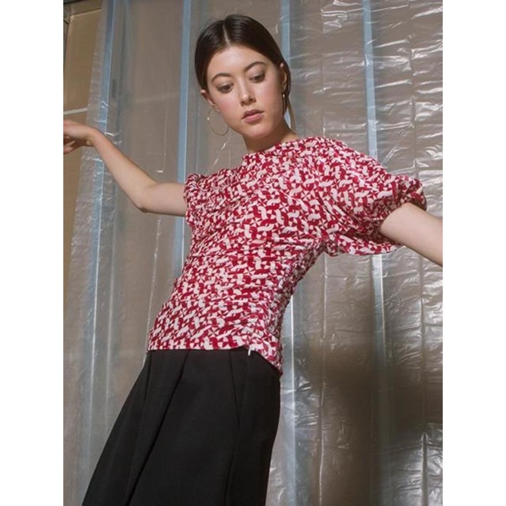 Rachel Comey Hairpin‎ Top Womens Red Swirl Velvet Ruched Puff Sleeve Avant Garde